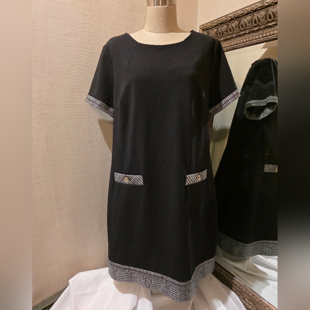 Tommy Hilfiger Black Shift Dress w/ Houndstooth-Trim.  Sz 16.
